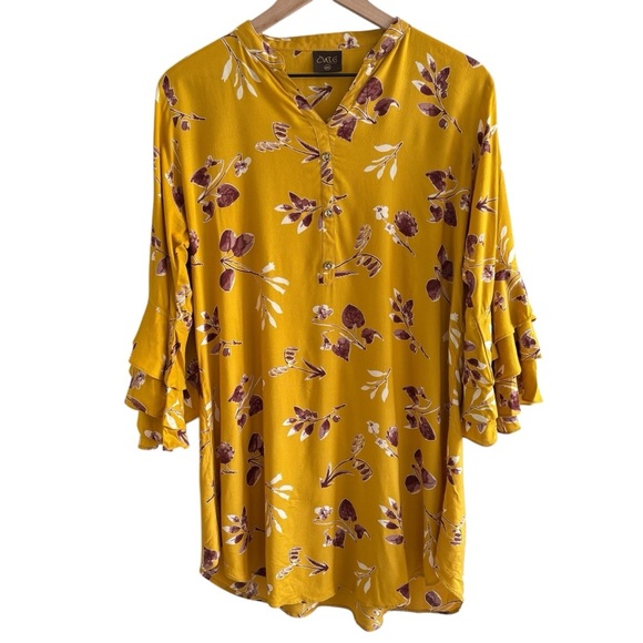 Mustard Yellow Floral Popover Blouse Tunic Ruffle Sleeves Peasant Bohemian XXL - Picture 1 of 16